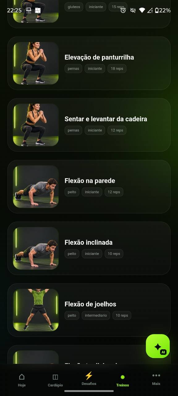 Tela de treinos do app