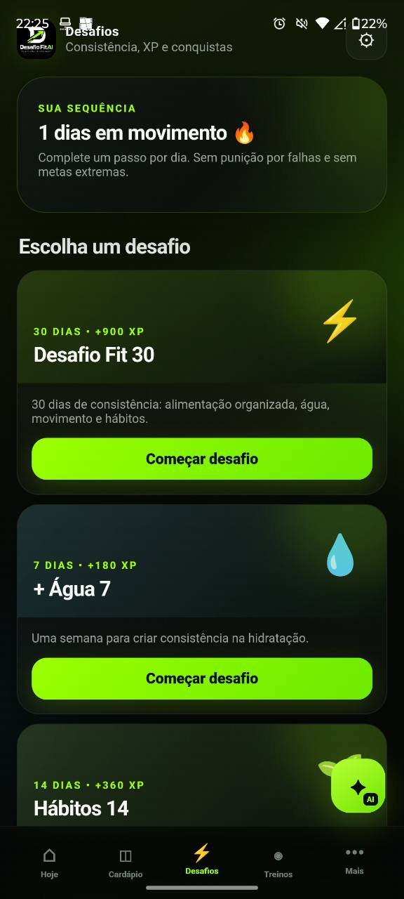 Tela de desafios do app