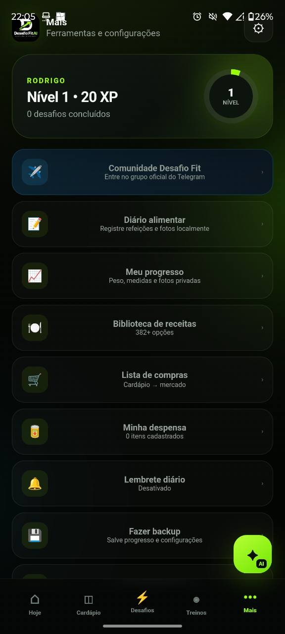 Tela Mais com recursos do aplicativo